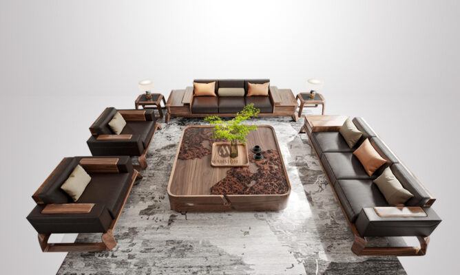 Sofa gỗ óc chó – giải pháp nâng tầm phòng khách S21-668x400