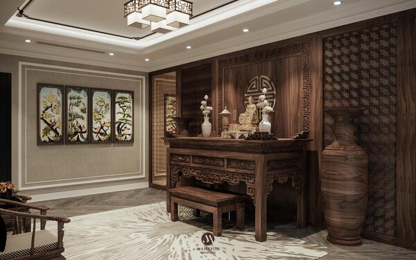 Phương án phòng thờ gỗ óc chó của Mansion: bàn thờ chân quỳ, vách ốp gỗ có hoa văn chữ thọ, đèn lồng trần