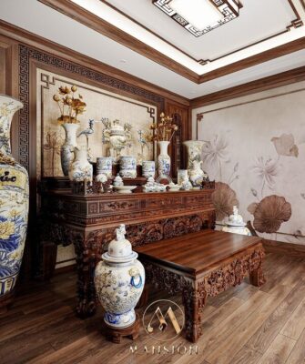 Thi công phòng thờ gỗ óc chó