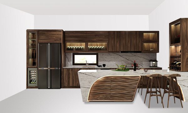 Tủ bếp gỗ óc chó kết hợp đảo bếp mặt đá, ghế quầy gỗ óc chó, phương án thiết kế của Mansion