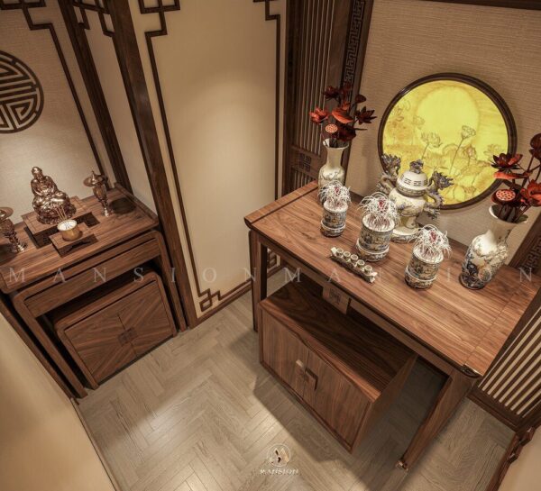 Phòng thờ gỗ óc chó trang nghiêm