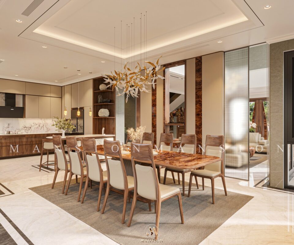 Nội thất phòng bếp gỗ óc chó cao cấp cho không gian biệt thự