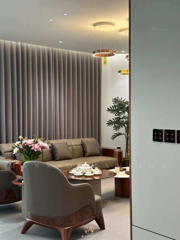 Mê mẩn với mẫu phòng khách gỗ óc chó hạng sang