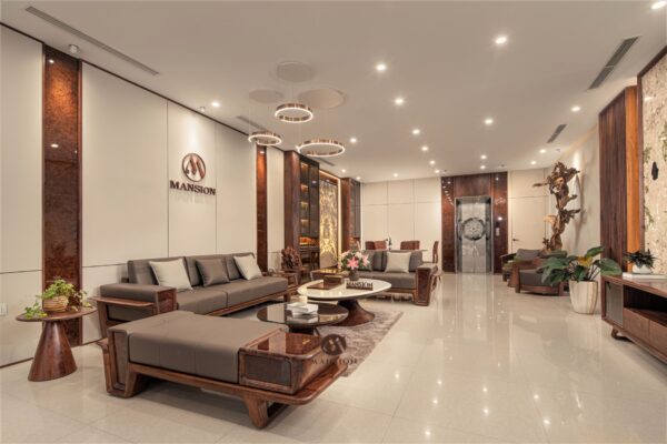 Phòng khách gỗ óc chó sang trọng tại showroom Mansion tầng 1