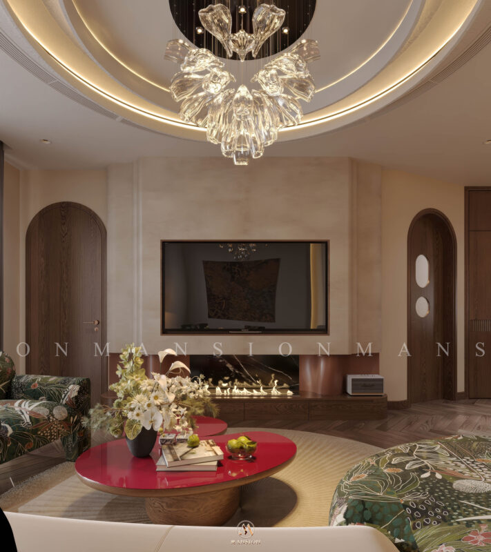 Phòng khách với điểm nhấn đặt biệt ở màu sắc và chất liệu, họa tiết 