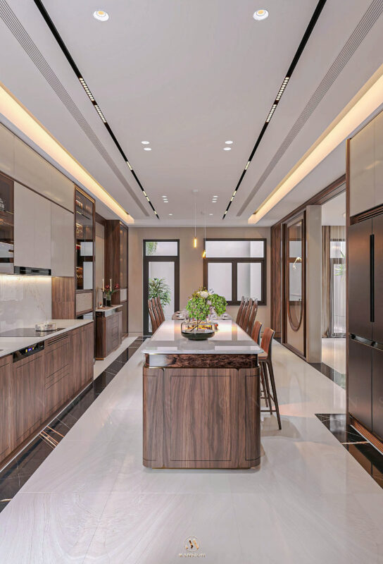 Biệt thự hiện đại 650m² - Hệ bếp chữ I dài kết hợp đảo