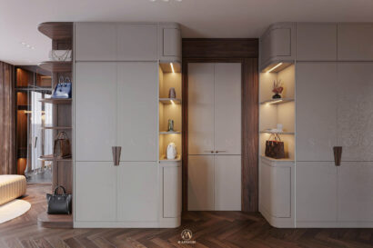 Biệt thự hiện đại 650m² - Walk-in closet master kết hợp gỗ óc chó