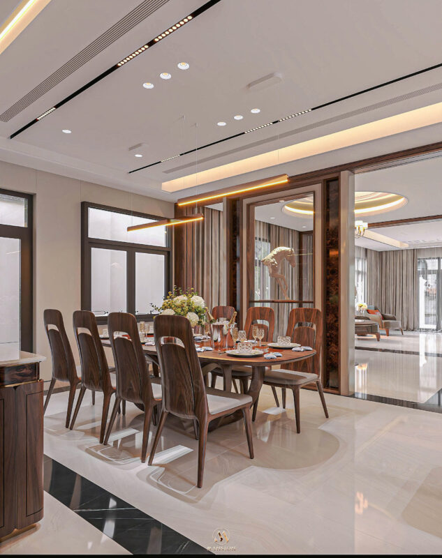 Biệt thự hiện đại 650m² - Phòng ăn bàn 8 ghế gỗ óc chó