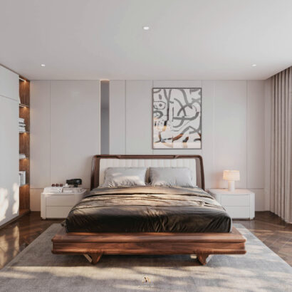 Biệt thự hiện đại 650m² - Phòng ngủ con headboard gỗ óc chó
