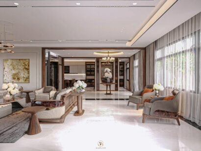 Biệt thự hiện đại 650m² - Phòng khách rộng view sân vườn