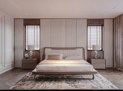 Biệt thự hiện đại 650m² - Phòng ngủ master VIP với headboard gỗ óc chó