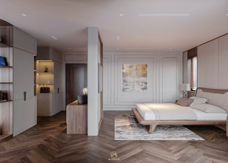 Phòng ngủ master biệt thự với giường, sàn và tủ gỗ óc chó tông nâu trầm do Mansion thi công