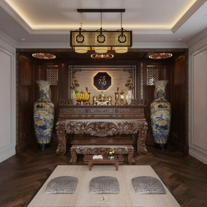 Biệt thự hiện đại 650m² - Phòng thờ truyền thống gỗ óc chó