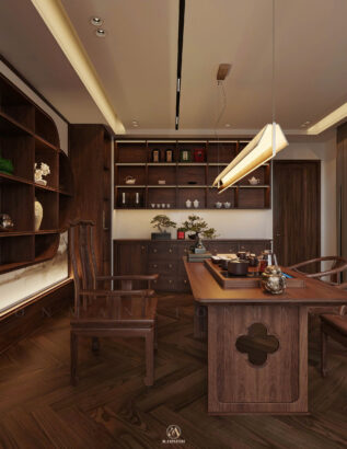 Biệt thự hiện đại 650m² - Phòng trà góc tủ trà gỗ óc chó