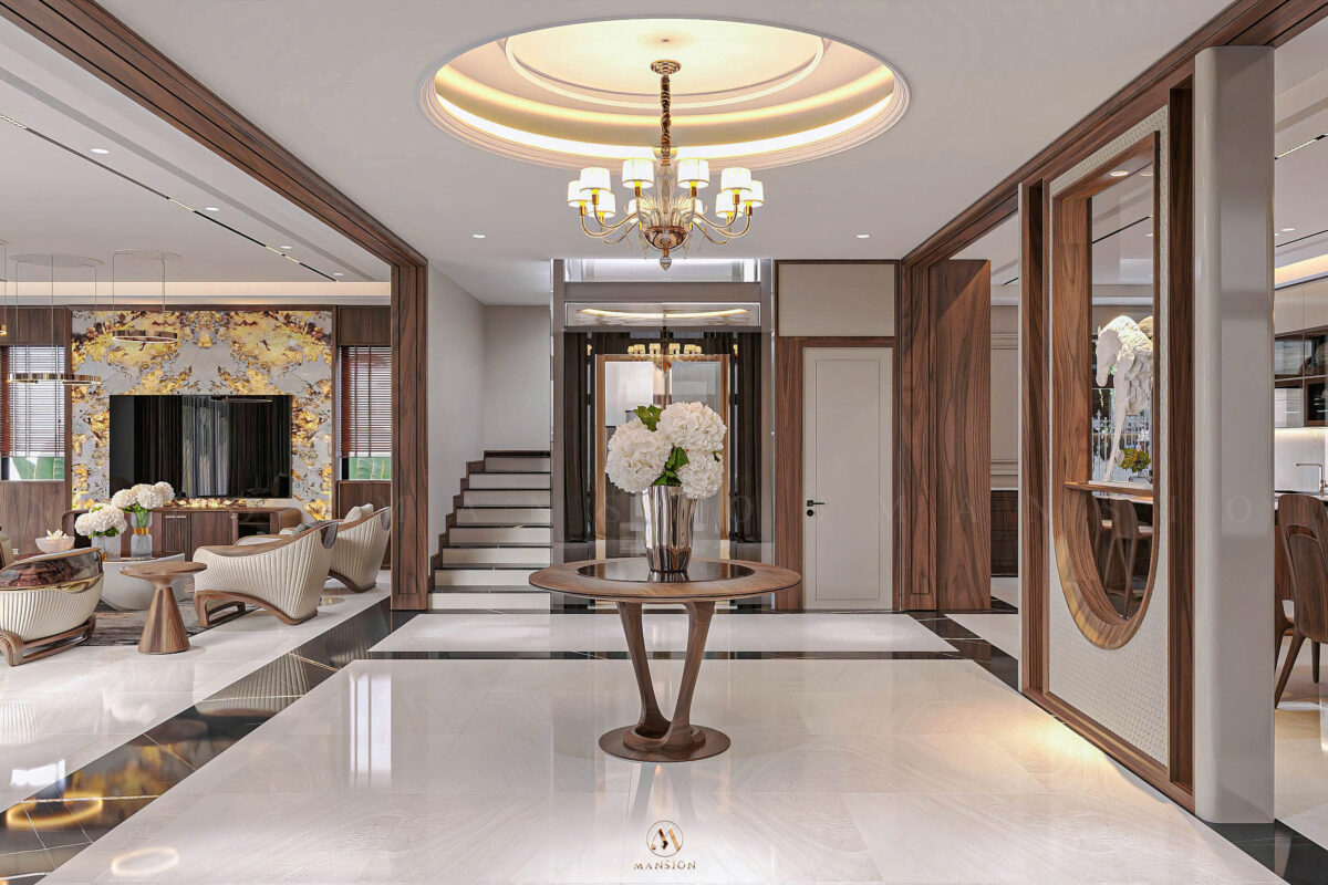 Biệt thự hiện đại 650m² - Sảnh chính thông tầng & cầu thang gỗ óc chó