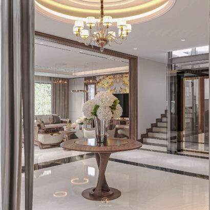 Biệt thự hiện đại 650m² - Sảnh đón nhìn vào phòng khách