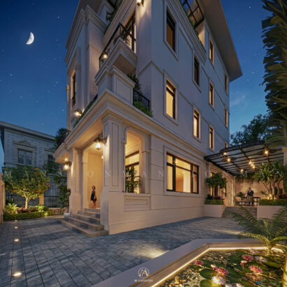 Biệt thự Neo Classic 650m² Hà Nội - Chi tiết cột trụ ban đêm