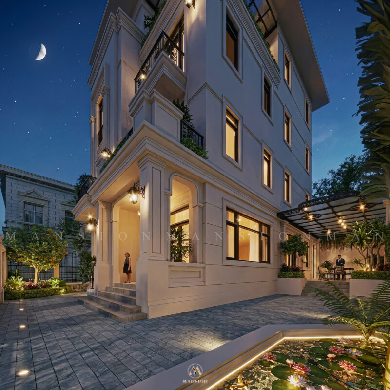 Biệt thự Neo Classic 650m² Hà Nội - Chi tiết cột trụ ban đêm