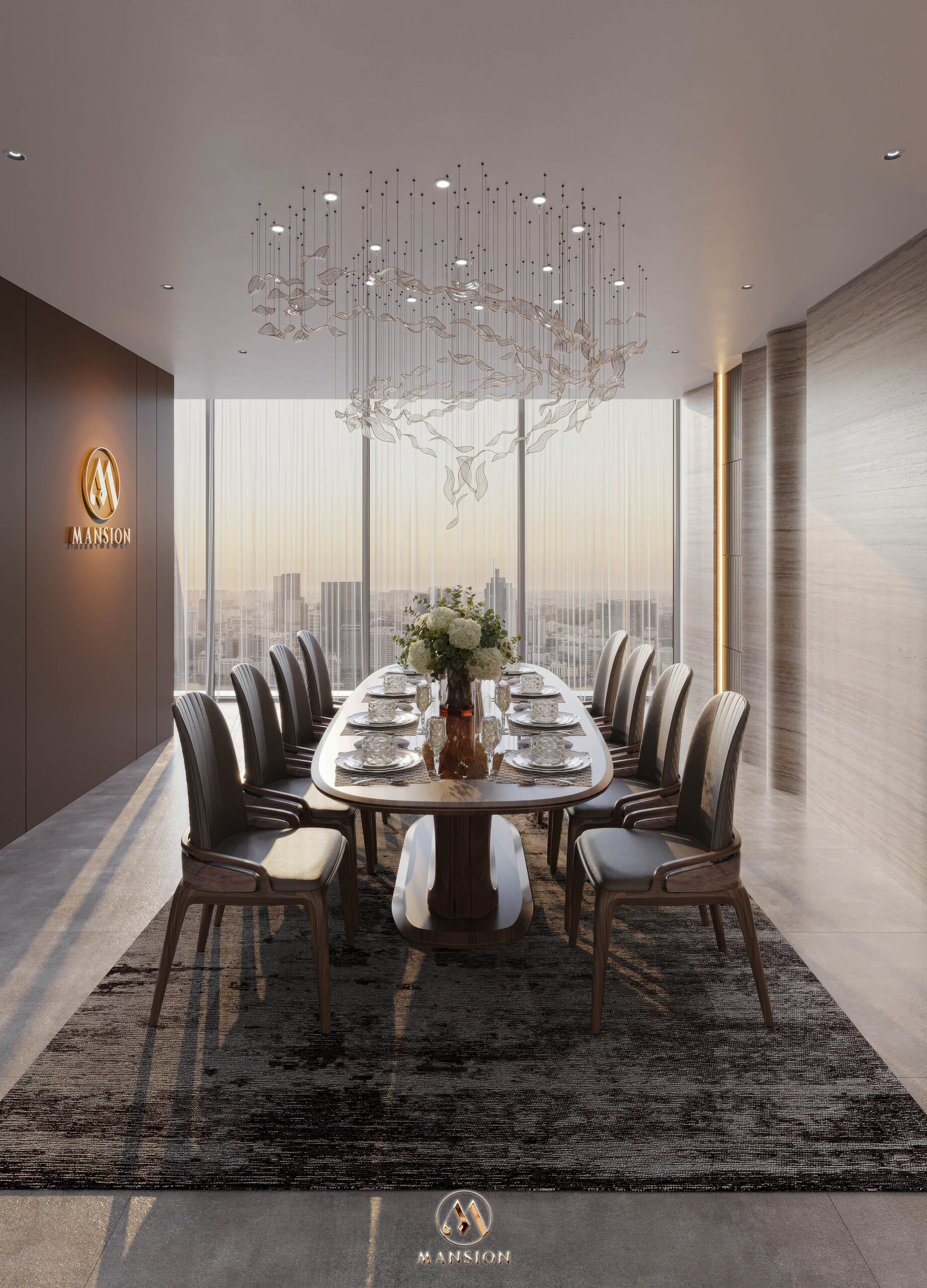 Bàn ăn gỗ óc chó BGA-M042 - 10 ghế luxury cho penthouse cao cấp - Góc 1