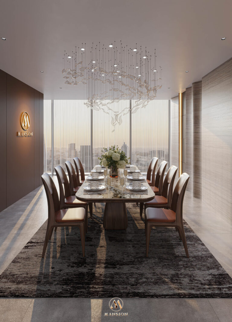 Bàn ăn gỗ óc chó BGA-M043 10 ghế của Mansion đặt trong phòng ăn căn hộ cao tầng, mặt bàn dài vân gỗ trầm