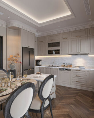 Phòng bếp Neo Classic gỗ sồi Mỹ sang trọng - Vinhomes Cổ Loa Mansion