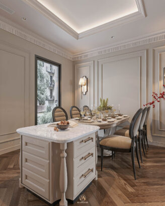 Phòng bếp Neo Classic gỗ sồi Mỹ sang trọng - Vinhomes Cổ Loa Mansion