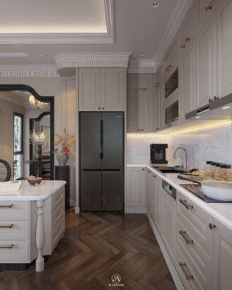 Phòng bếp Neo Classic gỗ sồi Mỹ sang trọng - Vinhomes Cổ Loa Mansion