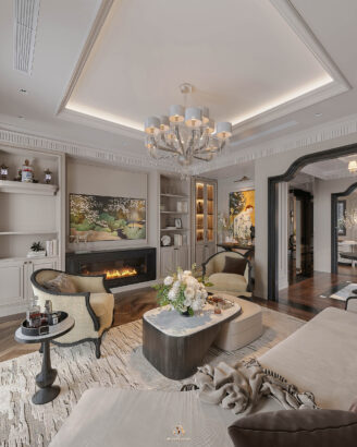 Phòng khách Neo Classic gỗ sồi Mỹ tone đen trắng - Vinhomes Cổ Loa Mansion