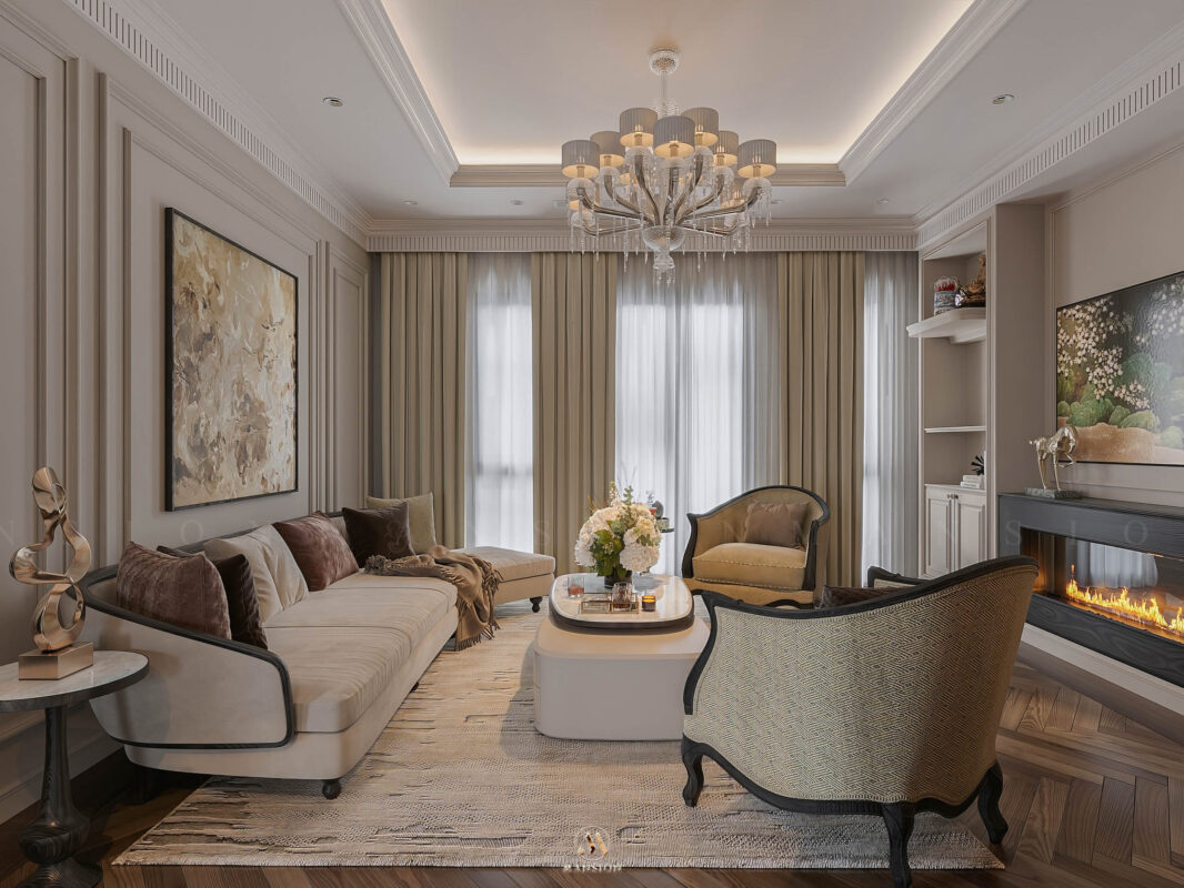 Phòng khách Neo Classic gỗ sồi Mỹ tone đen trắng - Vinhomes Cổ Loa Mansion