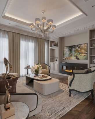 Phòng khách Neo Classic gỗ sồi Mỹ tone đen trắng - Vinhomes Cổ Loa Mansion