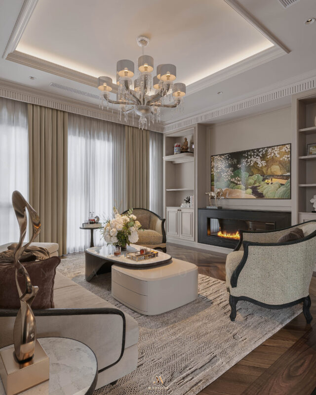 Phòng khách Neo Classic gỗ sồi Mỹ tone đen trắng - Vinhomes Cổ Loa Mansion