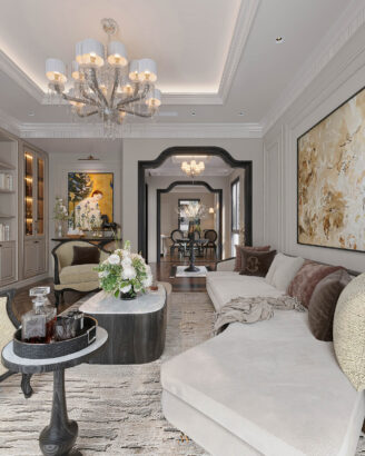 Phòng khách Neo Classic gỗ sồi Mỹ tone đen trắng - Vinhomes Cổ Loa Mansion