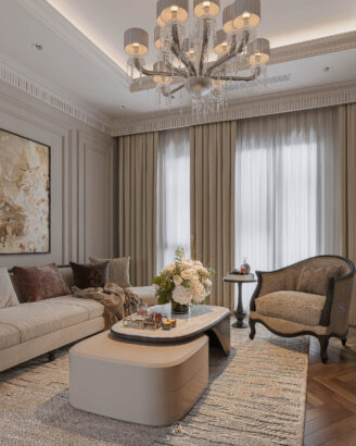 Phòng khách Neo Classic gỗ sồi Mỹ tone đen trắng - Vinhomes Cổ Loa Mansion