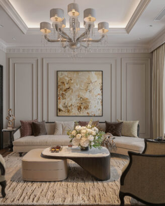 Phòng khách Neo Classic gỗ sồi Mỹ tone đen trắng - Vinhomes Cổ Loa Mansion