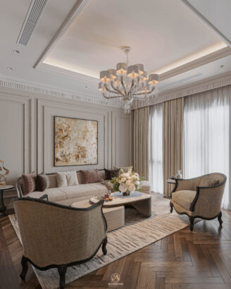 Phòng khách Neo Classic gỗ sồi Mỹ tone đen trắng - Vinhomes Cổ Loa Mansion