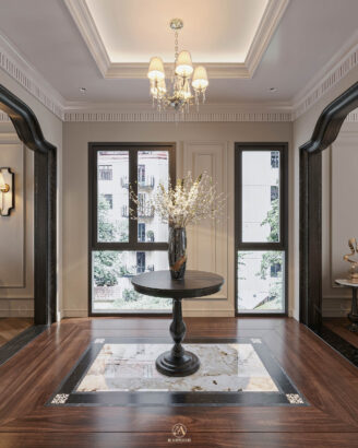 Sảnh đón Neo Classic gỗ sồi Mỹ đẳng cấp - Vinhomes Cổ Loa Mansion
