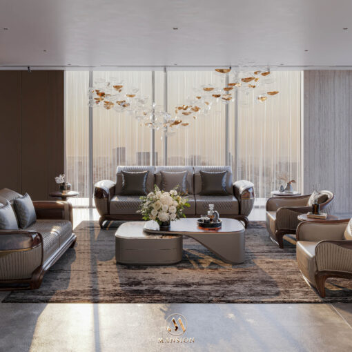 Sofa gỗ óc chó SF-M060 - Bộ sofa văng + 2 armchair luxury cho phòng khách lớn - Góc 1