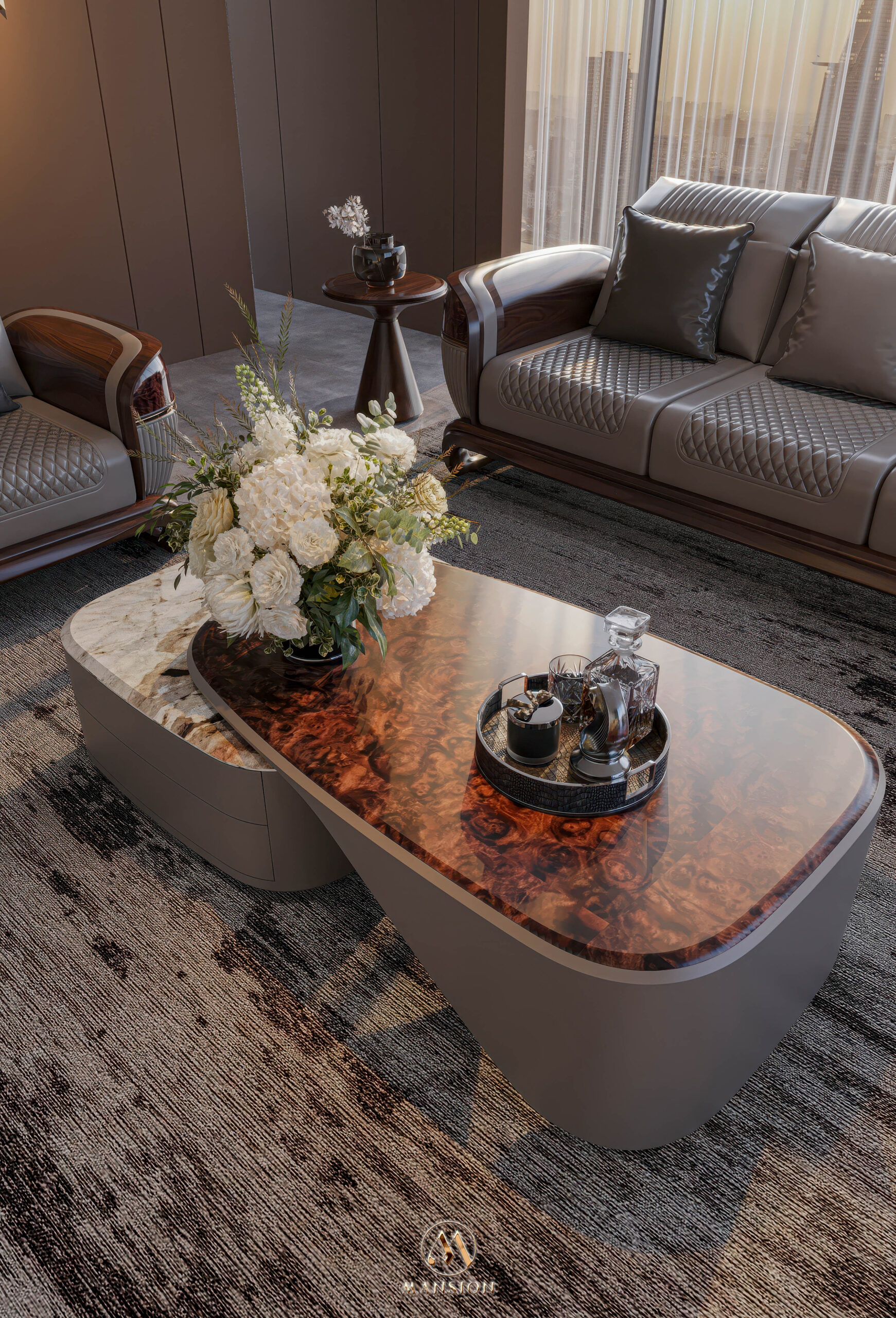 Sofa gỗ óc chó SF-M060 - Bộ sofa văng + 2 armchair luxury cho phòng khách lớn - Góc 2