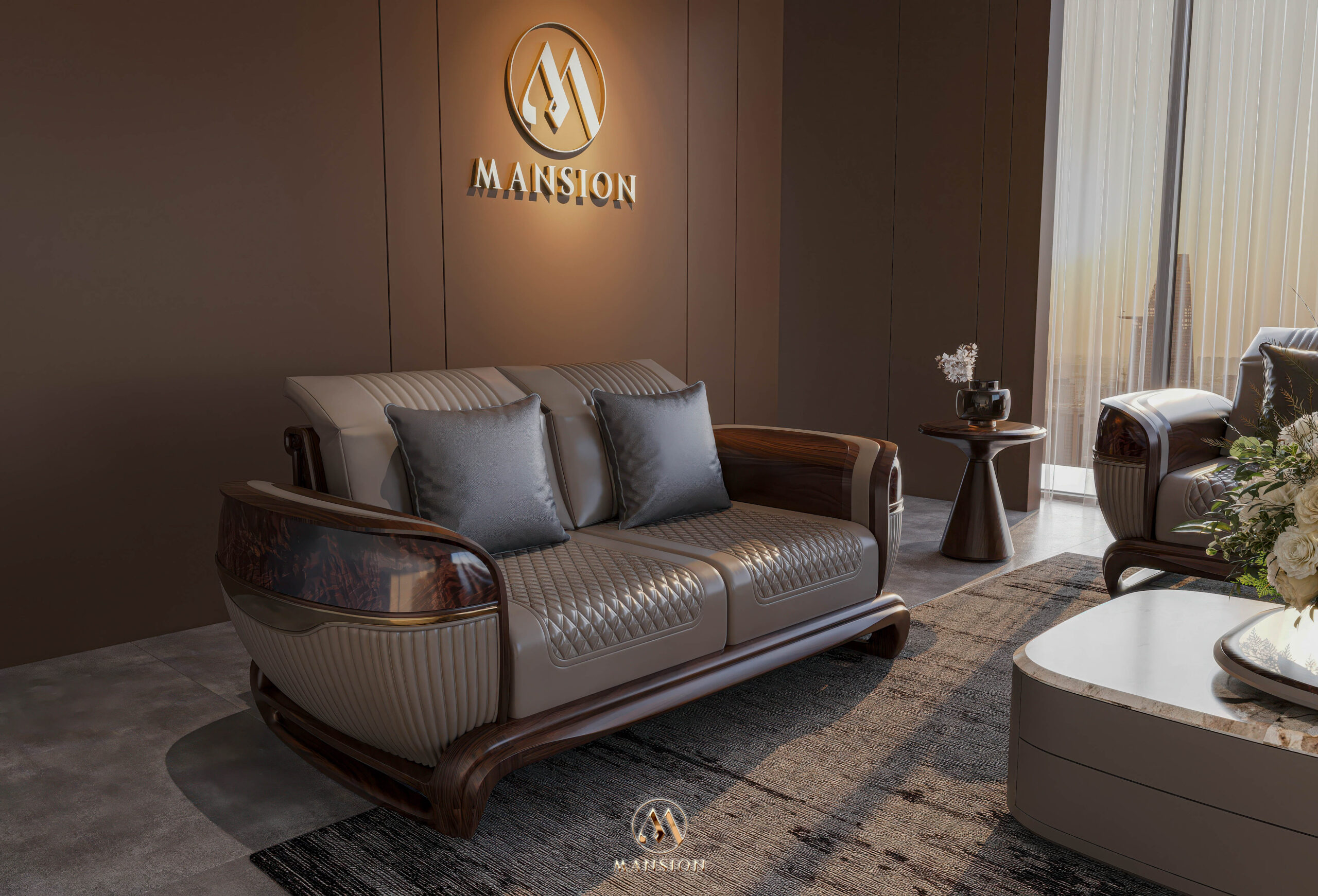 Sofa gỗ óc chó SF-M060 - Bộ sofa văng + 2 armchair luxury cho phòng khách lớn - Góc 5