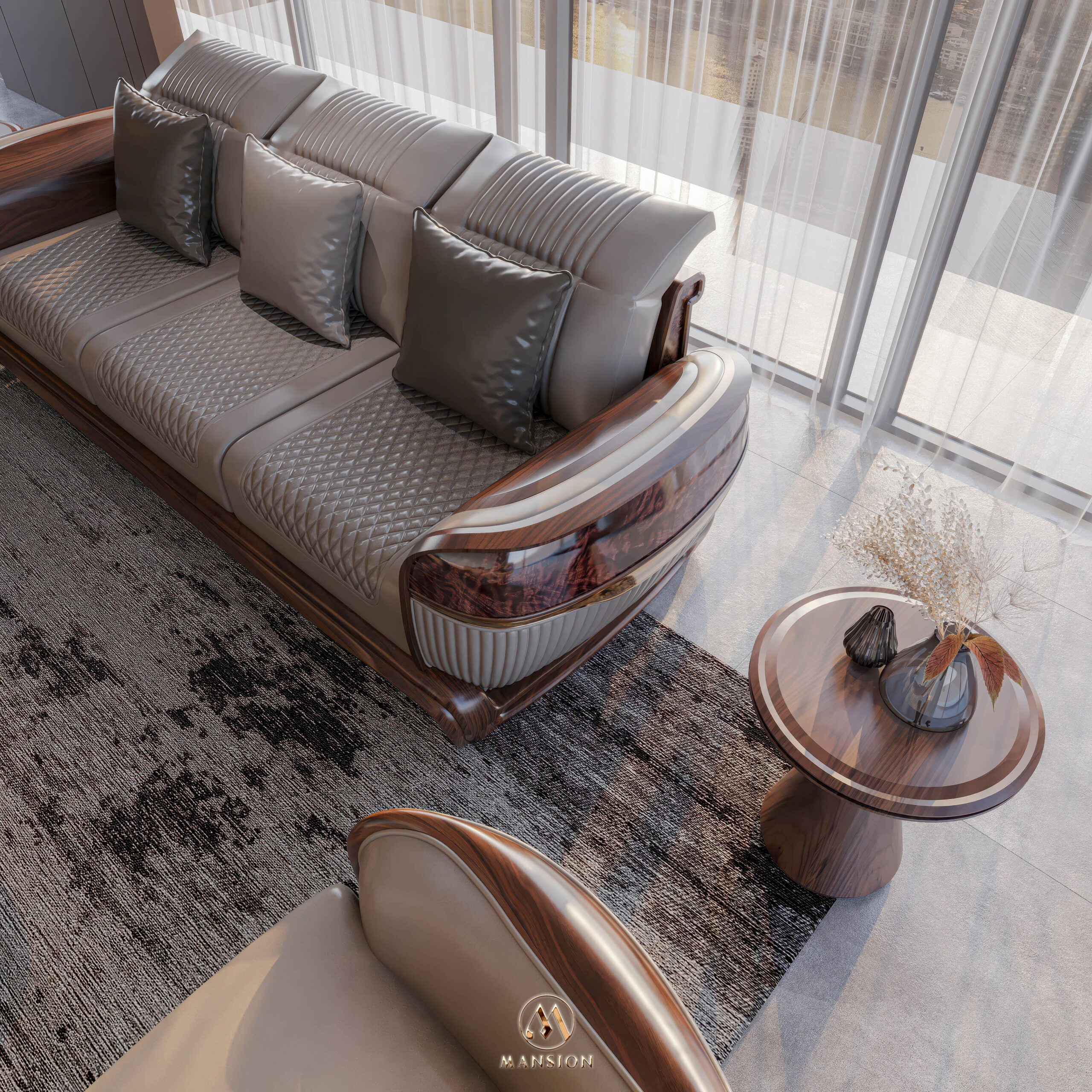 Sofa gỗ óc chó SF-M060 - Bộ sofa văng + 2 armchair luxury cho phòng khách lớn - Ảnh 4