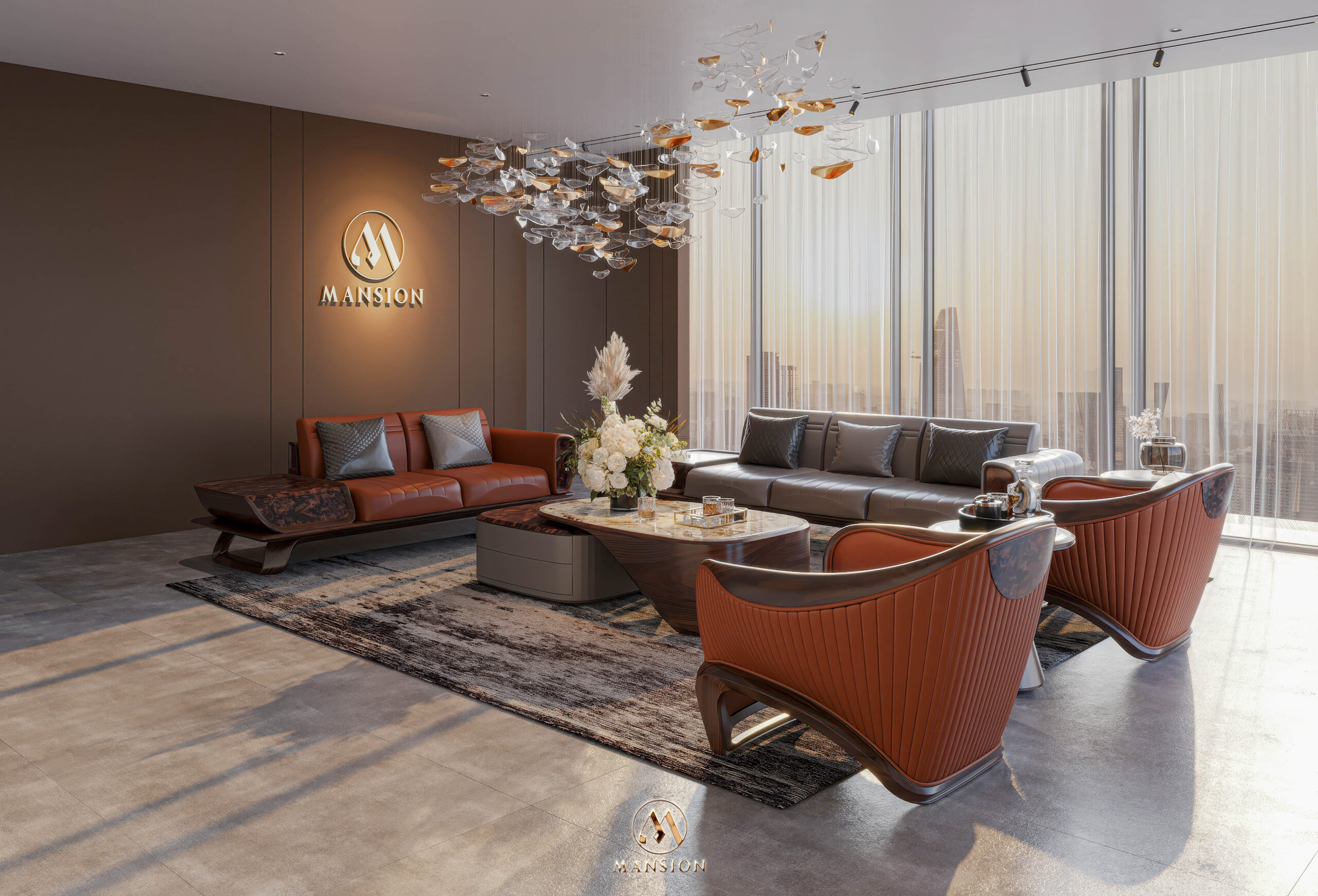 Sofa gỗ óc chó SF-M061 - Sofa văng + 2 armchair cam ấn tượng - Góc 4